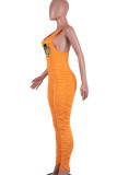 Orangefarbener Skinny-Jumpsuit mit Patchwork-Faltenmuster und U-Ausschnitt