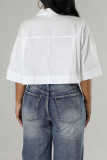 Weiße, lässige, solide Patchwork-Hemdkragen-Oberteile mit Taschenschnalle
