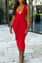 Красное сексуальное однотонное лоскутное платье с V-образным вырезом и длинными платьями