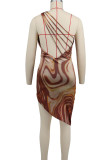 Кофейный сексуальный принт в стиле пэчворк с открытой спиной на одно плечо, юбка с запахом, платья