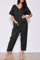 Zwarte casual print patchwork gesp V-hals losse jumpsuits