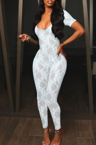 White Sexy Solid Patchwork See-through Backless U Neck Skinny Jumpsuits
