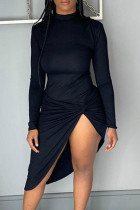 Schwarze, sexy, solide Patchwork-Kleider mit hoher Öffnung und unregelmäßigem O-Ausschnitt