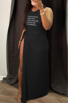 Schwarzes, lässiges, bedrucktes Bandage-Patchwork-Kordelzug-langes Kleid mit hoher Öffnung und O-Ausschnitt