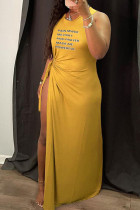 Gelbes, lässiges, bedrucktes Bandage-Patchwork-Kordelzug-langes Kleid mit hoher Öffnung und O-Ausschnitt