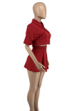 Red Elegant Solid Patchwork Pocket Buckle Turndown Collar Half Sleeve Two Pieces