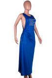 Blaue, lässige, bedruckte Bandage, Patchwork, Kordelzug, hohe Öffnung, O-Ausschnitt, langes Kleid
