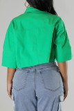 Зеленые повседневные однотонные лоскутные топы с воротником-рубашкой с карманами и пряжкой