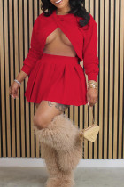 Red Street Solid Hollowed Out Patchwork Pleated O Neck Long Sleeve Two Pieces Crop Tops And Pleated Skirts Sets