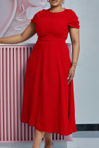 Rote, elegante, solide Patchwork-Falte mit Gürtel, O-Ausschnitt, unregelmäßiges Kleid