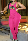 Rozerode skinny jumpsuits met patchwork en vouw U-hals met zoete print