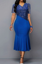 ブルーエレガントなソリッドパッチワークメッシュジッパーVネックトランペットマーメイドプラスサイズドレス