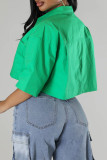 Grüne, lässige, solide Patchwork-Hemdkragen-Oberteile mit Taschenschnalle
