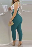 Ink Green Casual Print Solid Patchwork Backless V Neck Skinny Jumpsuits (With Belt)