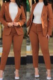 Tangerine Red Casual Solid Cardigan Pants Turn-back Collar Long Sleeve Two Pieces Blazer Tops And Pants Sets