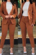 Coffee Casual Solid Cardigan Pants Turn-back Collar Long Sleeve Two Pieces Blazer Tops And Pants Sets