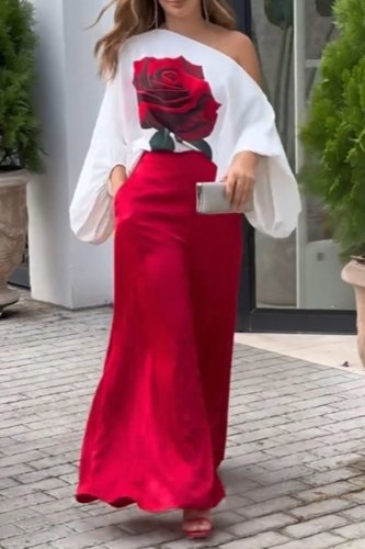 Red Daily Elegant Print Floral Pants Printing Oblique Collar Long Sleeve Two Pieces