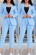 Sky Blue Casual Solid Cardigan Pants Turn-back Collar Long Sleeve Two Pieces