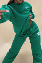 Vert décontracté imprimé Patchwork cordon de serrage poche col à capuche manches longues deux pièces