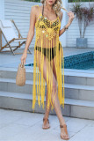 Apricot Sexy Solid Tassel Bandage Hollowed Out Sequins Backless Swimwears Cover Up