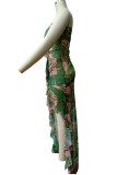 Robes imprimées sans bretelles à volants à ouverture haute en patchwork imprimé sexy rose vert