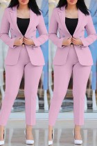 Pink Casual Solid Cardigan Pants Turn-back Collar Long Sleeve Two Pieces Blazer Tops And Pants Sets