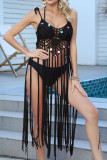White Sexy Solid Tassel Bandage Hollowed Out Sequins Backless Swimwears Cover Up