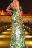Rosa-grünes, sexy bedrucktes Patchwork-Kleid mit hohem Öffnungsvolant, trägerlos, bedruckt