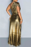 Золотое сексуальное повседневное однотонное лоскутное длинное платье с открытой спиной и косым воротником