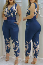 Diepblauw Casual print Effen Patchwork Ruglooze skinny jumpsuits met V-hals (met riem)