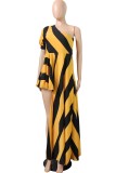 White Yellow Casual Striped Print Backless Oblique Collar Irregular Dress