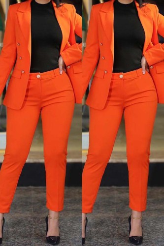 Tangerine Red Casual Solid Cardigan Pants Turn-back Collar Long Sleeve Two Pieces Blazer Tops And Pants Sets