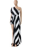 White Yellow Casual Striped Print Backless Oblique Collar Irregular Dress