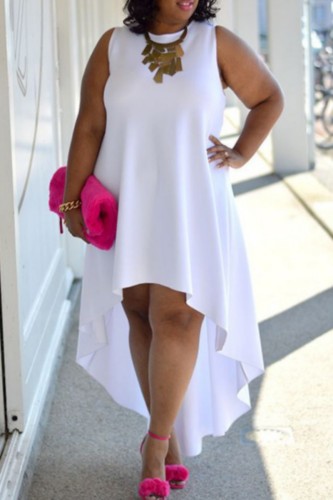 Белое повседневное однотонное асимметричное платье без рукавов с круглым вырезом Платья больших размеров