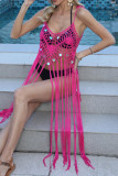 Black Sexy Solid Tassel Bandage Hollowed Out Sequins Backless Swimwears Cover Up