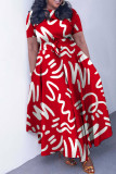 Khaki Casual Print Patchwork O Neck Short Sleeve Dress Plus Size Dresses