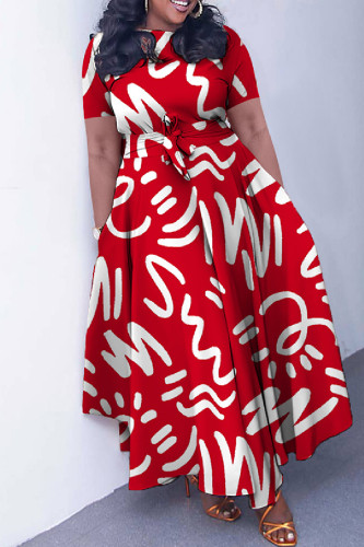 Red Casual Print Patchwork O Neck Short Sleeve Dress Plus Size Dresses