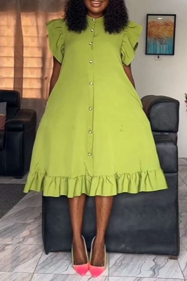 Vert moutarde décontracté quotidien élégant solide boucle couleur unie lisière filandreuse bouton col une ligne robes