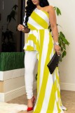 Yellow Black Casual Striped Print Backless Oblique Collar Irregular Dress