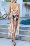 Yellow Sexy Solid Tassel Bandage Hollowed Out Sequins Backless Swimwears Cover Up