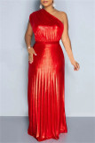 Red Sexy Casual Solid Patchwork Backless Pleated Oblique Collar Long Dress Dresses