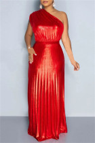 Rotes, sexy, lässiges, solides, Patchwork-rückenfreies, plissiertes, langes Kleid mit schrägem Kragen