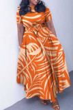 Khaki Casual Print Patchwork O Neck Short Sleeve Dress Plus Size Dresses