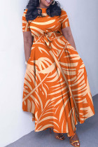 オレンジ カジュアル プリント パッチワーク O ネック半袖ドレス プラス サイズ ドレス