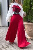 Red Daily Elegant Print Floral Pants Printing Oblique Collar Long Sleeve Two Pieces