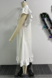 White Casual Daily Elegant Solid Buckle Solid Color Stringy Selvedge Button Collar A Line Dresses