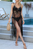 Apricot Sexy Solid Tassel Bandage Hollowed Out Sequins Backless Swimwears Cover Up