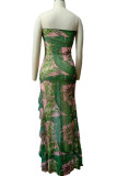 Grünes, sexy bedrucktes Patchwork-Kleid mit hohem Öffnungsvolant, trägerlos, bedruckt