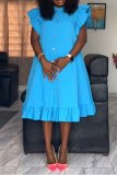 Blauw Casual dagelijkse elegante effen gesp effen kleur vezelige zelfkant knoopkraag A-lijn jurken