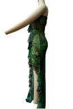 Grönt sexigt tryck lapptäcke hög öppning volang axelbandslös tryckt klänning klänningar